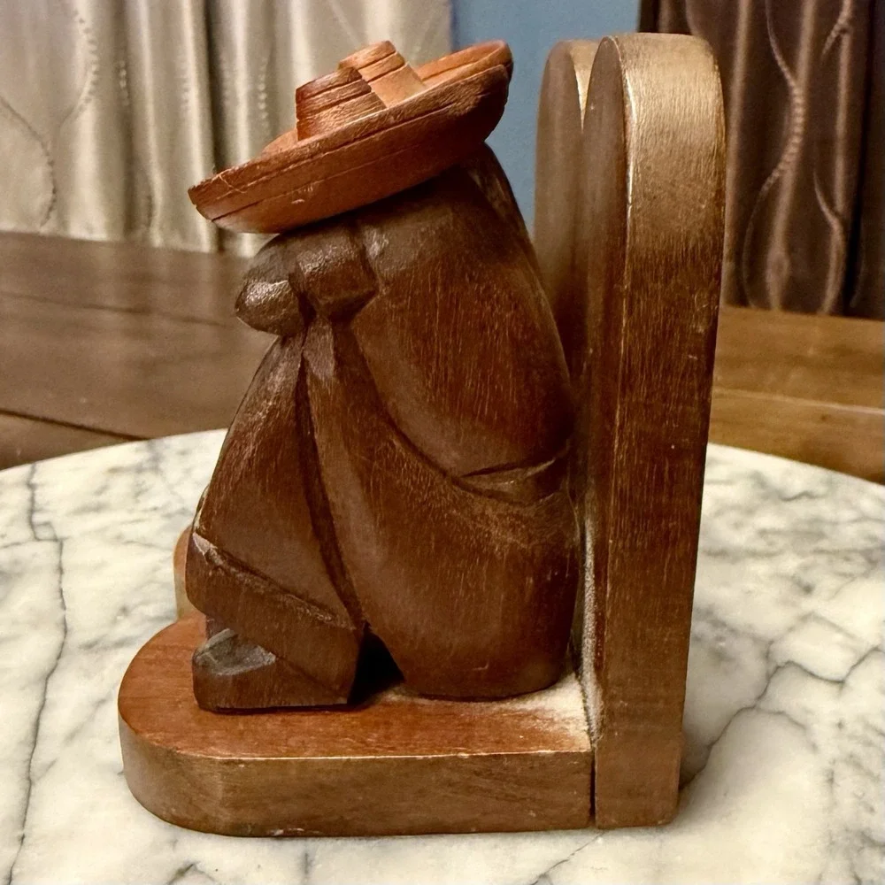 VTG 50s 60s MCM Wood Wooden Mexican Sombrero Male Female 4" Bookends Mexico - Picture 4 of 8